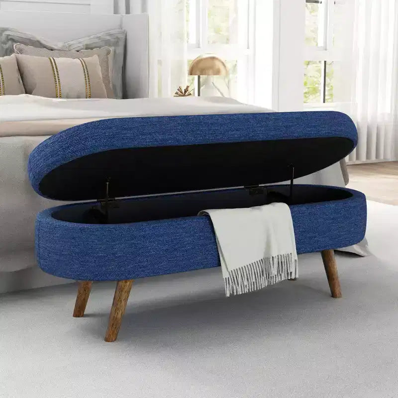 Banc de rangement ovale moderne en lin avec pieds en bois d'hévéa