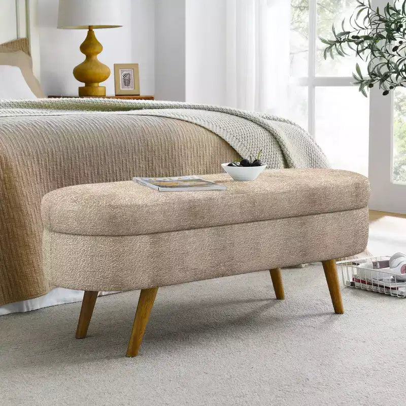 Banc de rangement ovale moderne en lin avec pieds en bois d'hévéa