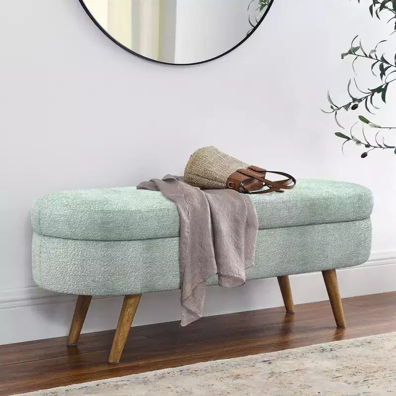 Banc de rangement ovale moderne en lin avec pieds en bois d'hévéa