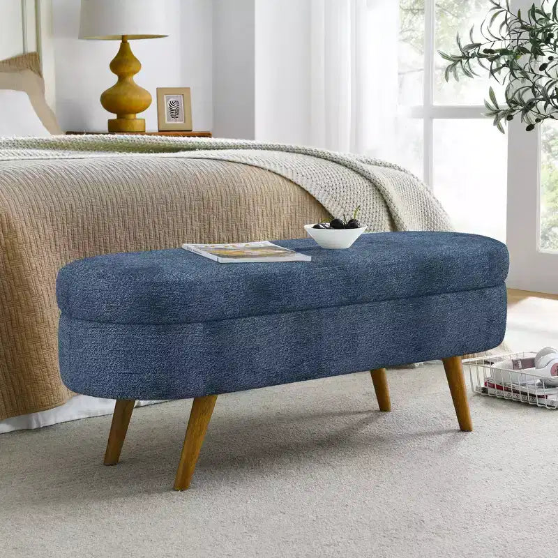 Banc de rangement ovale moderne en lin avec pieds en bois d'hévéa