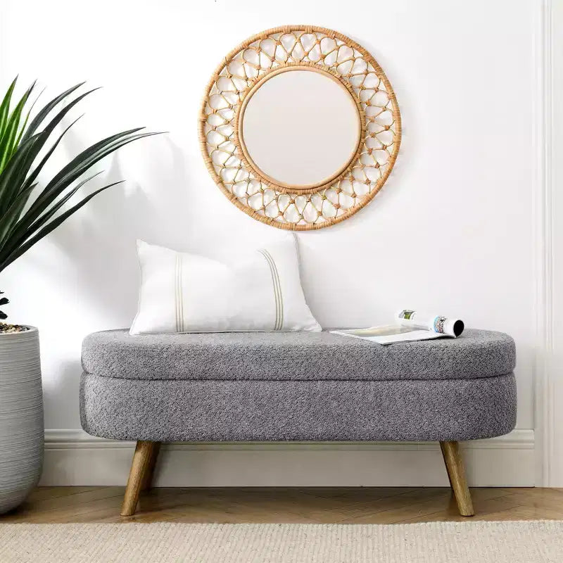 Banc de rangement ovale moderne en lin avec pieds en bois d'hévéa