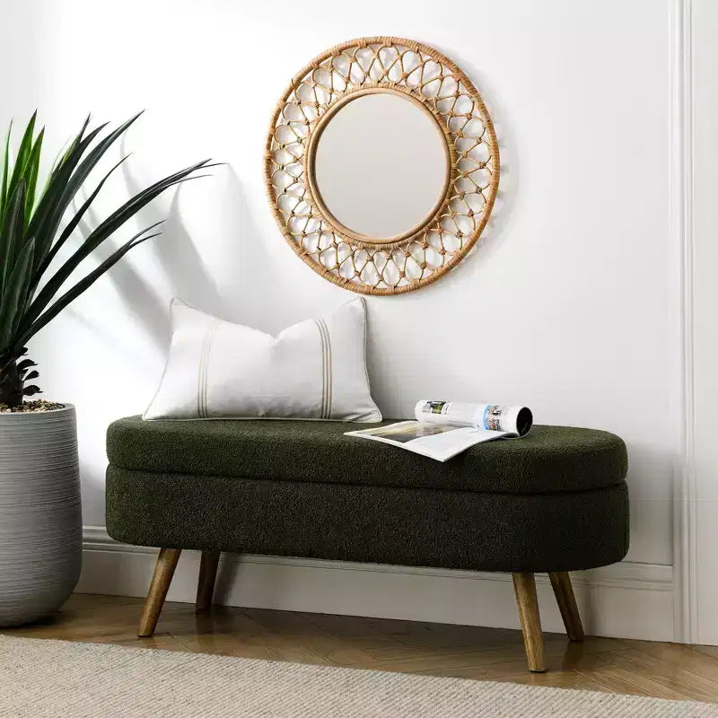 Banc de rangement ovale moderne en lin avec pieds en bois d'hévéa