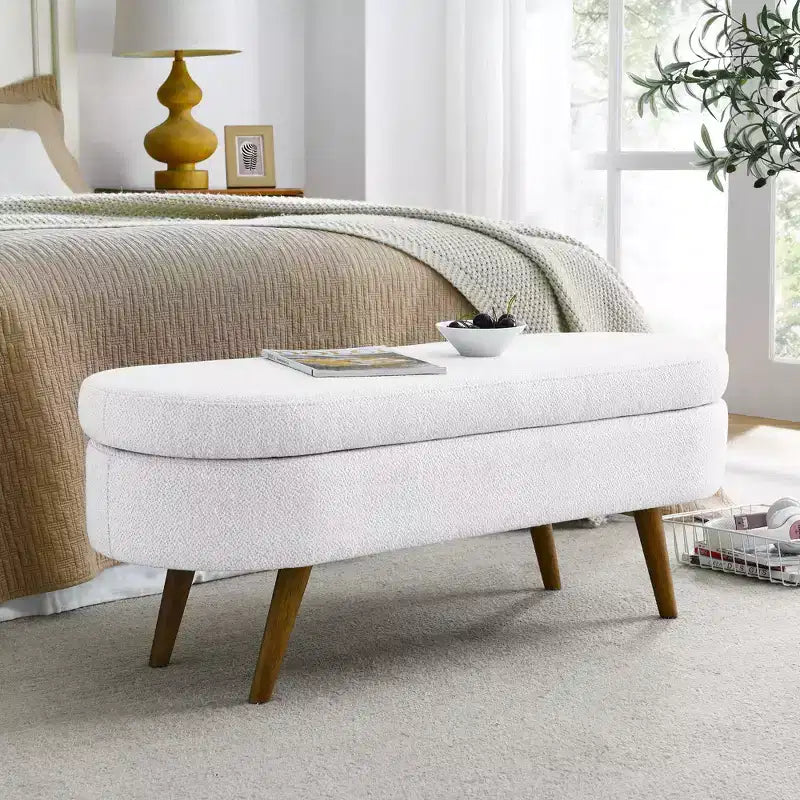 Banc de rangement ovale moderne en lin avec pieds en bois d'hévéa