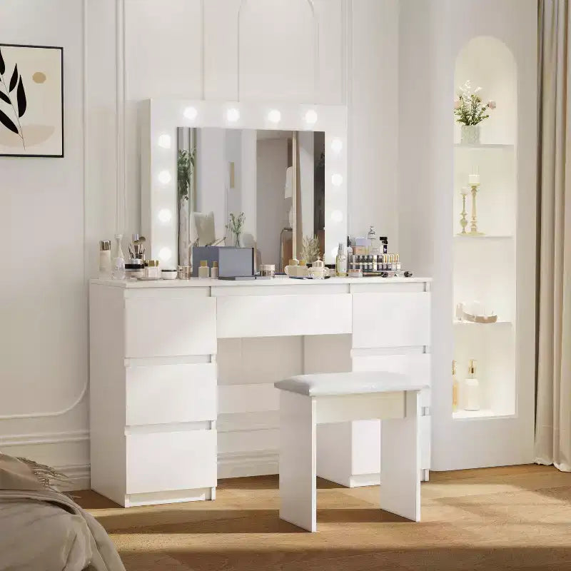 Coiffeuse contemporaine avec miroir, coiffeuse de maquillage avec LED réglable