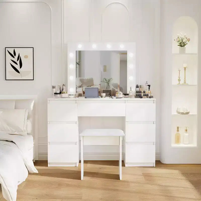 Contemporary Vanity Desk with Mirror, Makeup Vanity with Adjustable LED