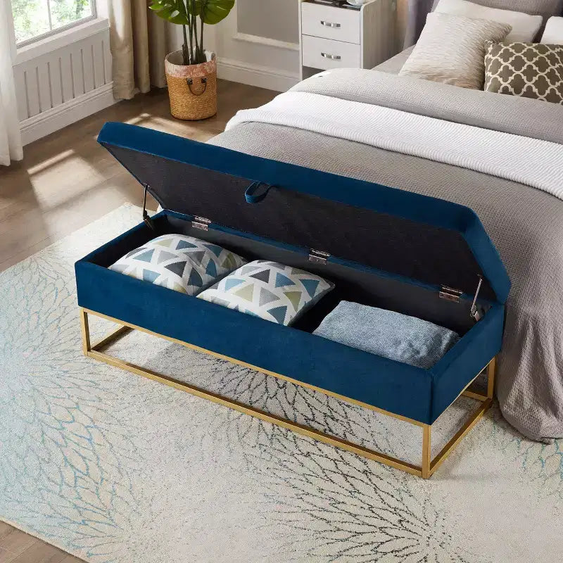 Banc ottoman de rangement en velours avec base en métal rembourrée capitonnée