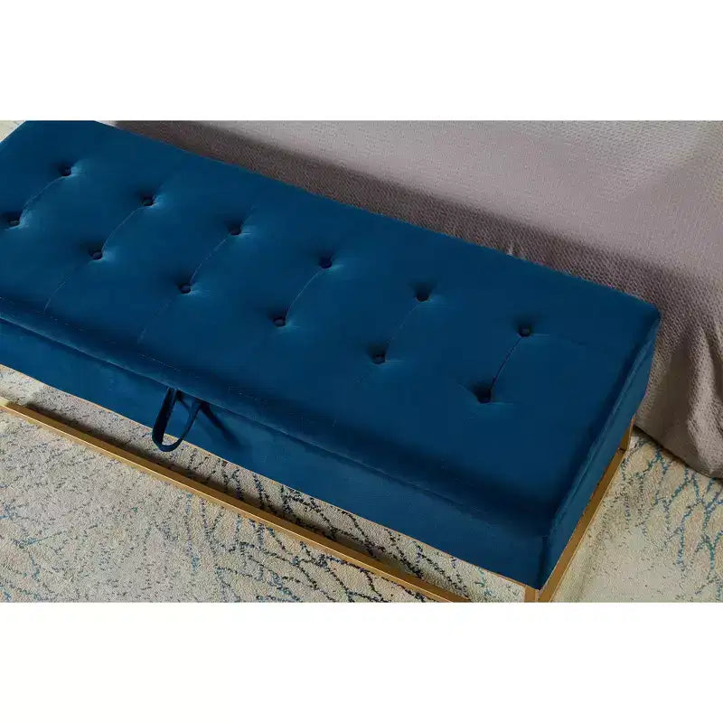 Banc ottoman de rangement en velours avec base en métal rembourrée capitonnée