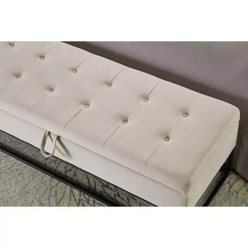 Banc ottoman de rangement en velours avec base en métal rembourrée capitonnée