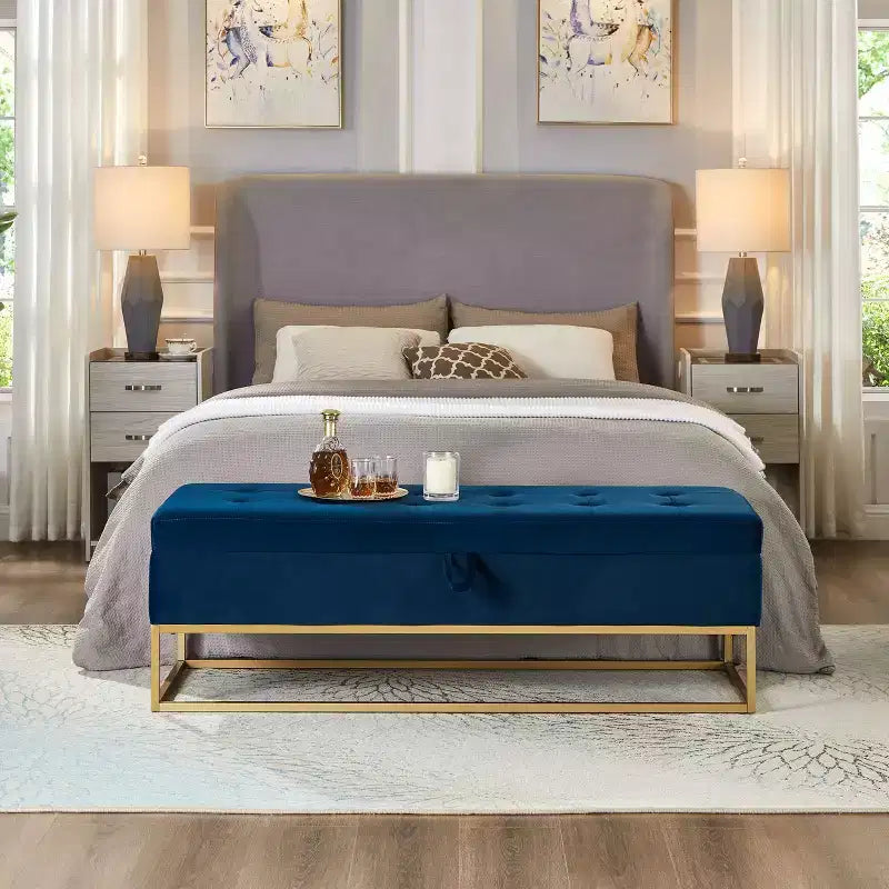 Banc ottoman de rangement en velours avec base en métal rembourrée capitonnée