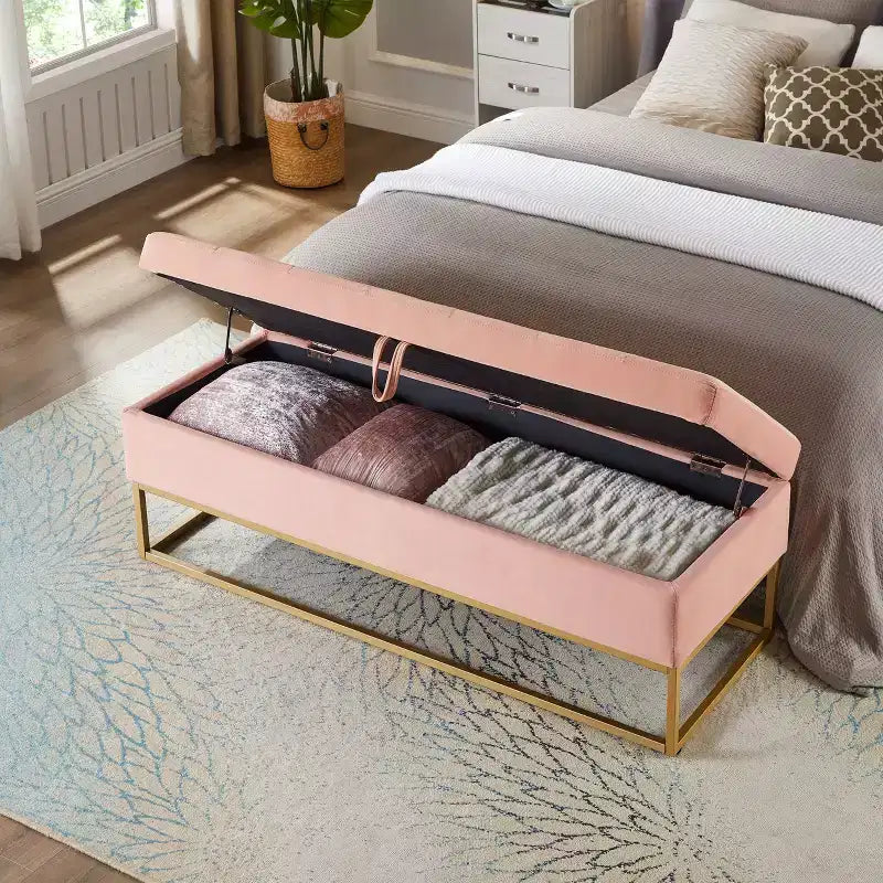 Banc ottoman de rangement en velours avec base en métal rembourrée capitonnée