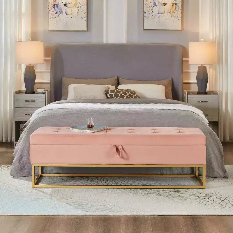 Banc ottoman de rangement en velours avec base en métal rembourrée capitonnée