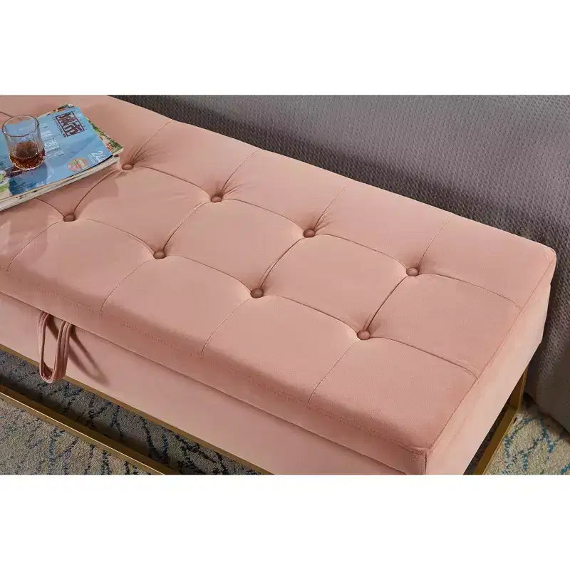 Banc ottoman de rangement en velours avec base en métal rembourrée capitonnée