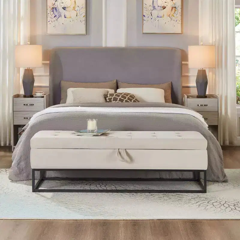 Banc ottoman de rangement en velours avec base en métal rembourrée capitonnée