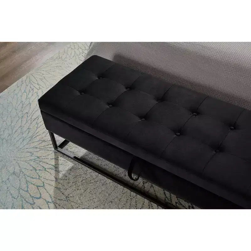 Banc ottoman de rangement en velours avec base en métal rembourrée capitonnée
