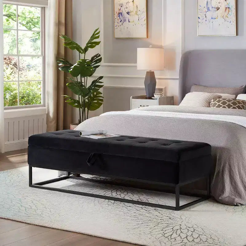 Banc ottoman de rangement en velours avec base en métal rembourrée capitonnée