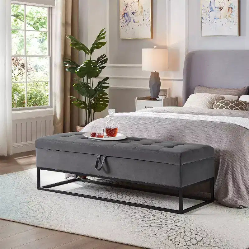 Banc ottoman de rangement en velours avec base en métal rembourrée capitonnée