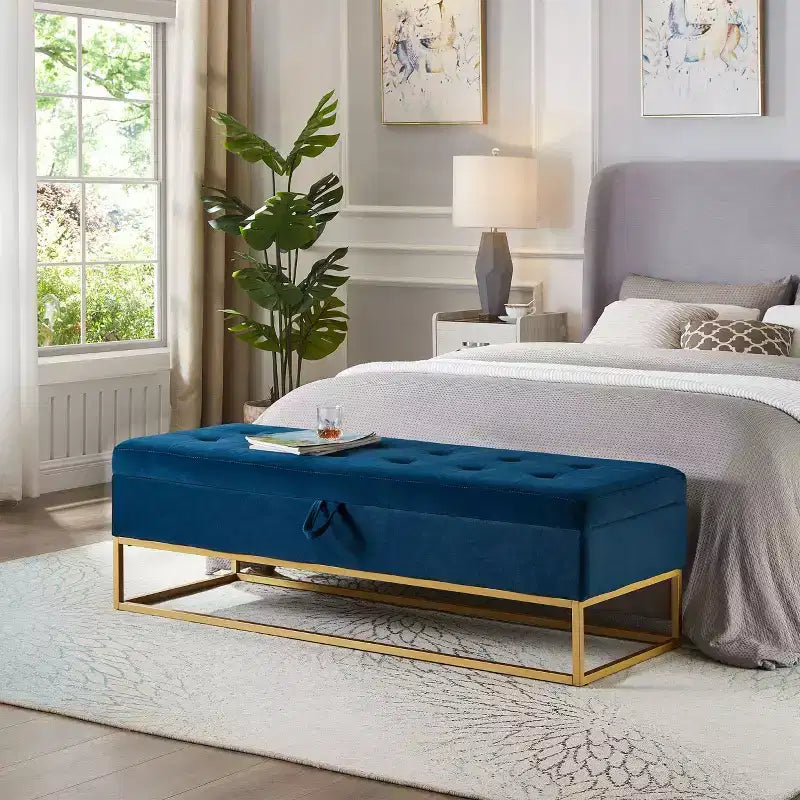 Banc ottoman de rangement en velours avec base en métal rembourrée capitonnée