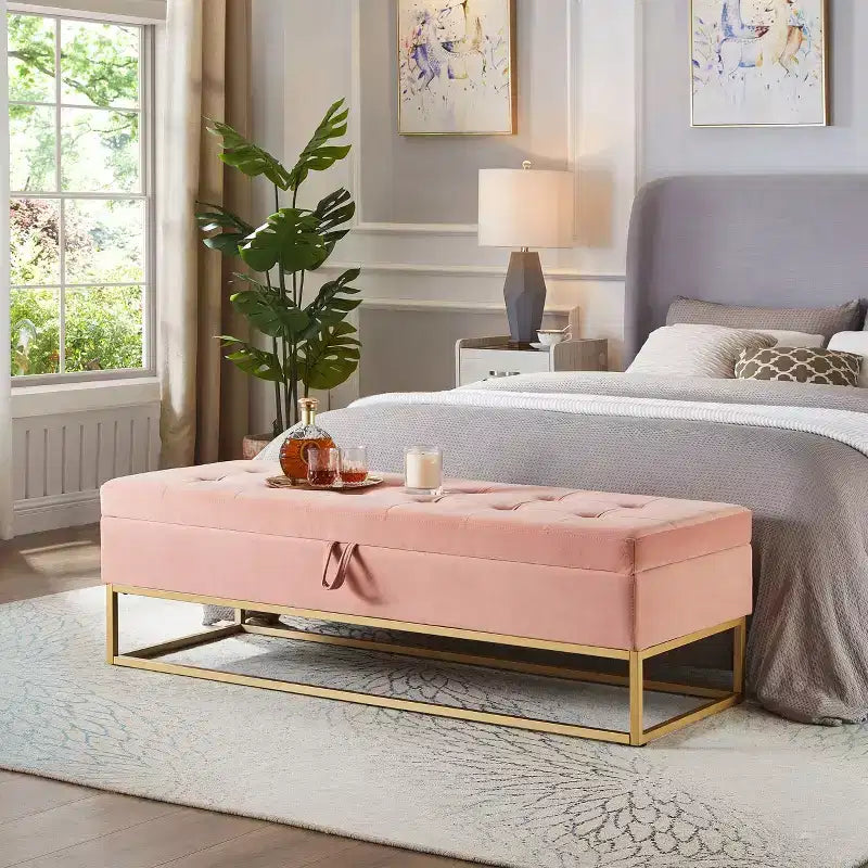 Banc ottoman de rangement en velours avec base en métal rembourrée capitonnée