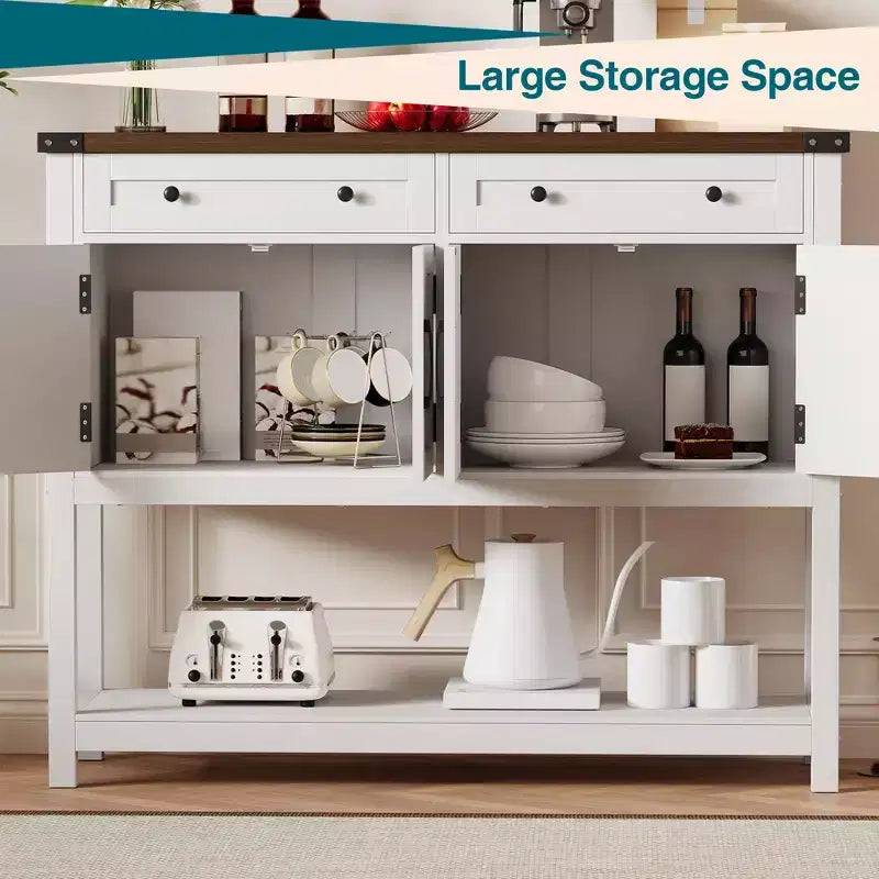 47.2inch Large Sideboard Buffet Cabinet, Farmhouse Coffee Bar Cupboard Cabinet Storage, Wood Console Table with 2 Drawers for Kitchen Living Room
