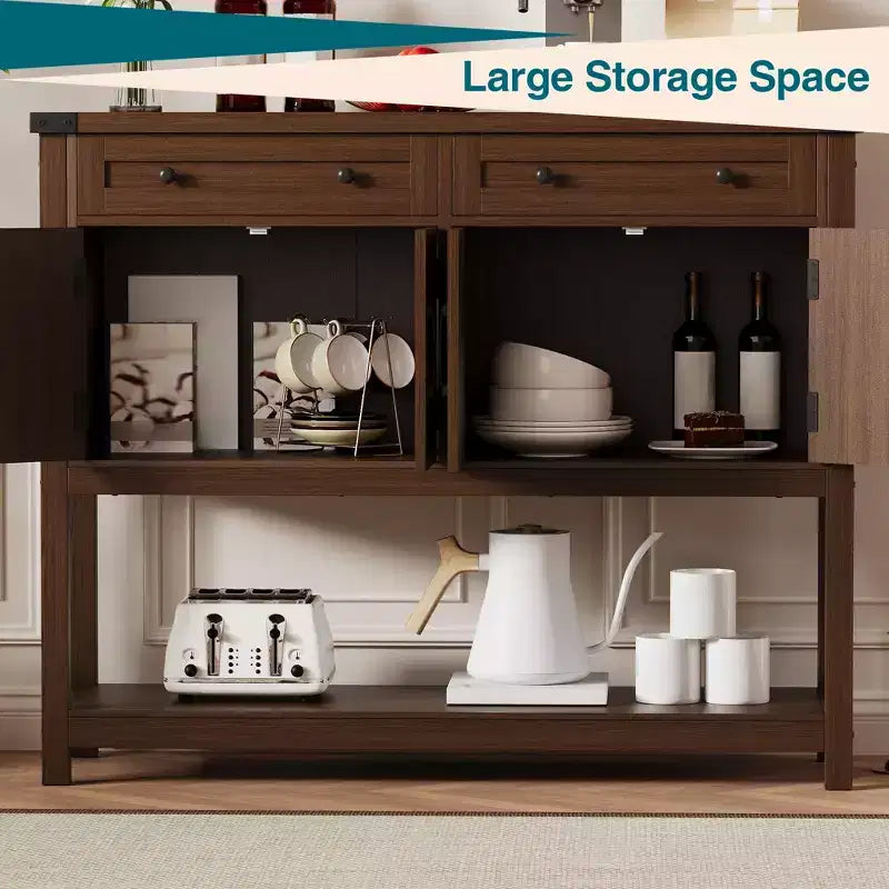 47.2inch Large Sideboard Buffet Cabinet, Farmhouse Coffee Bar Cupboard Cabinet Storage, Wood Console Table with 2 Drawers for Kitchen Living Room