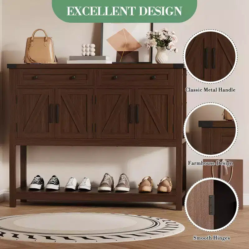 47.2inch Large Sideboard Buffet Cabinet, Farmhouse Coffee Bar Cupboard Cabinet Storage, Wood Console Table with 2 Drawers for Kitchen Living Room