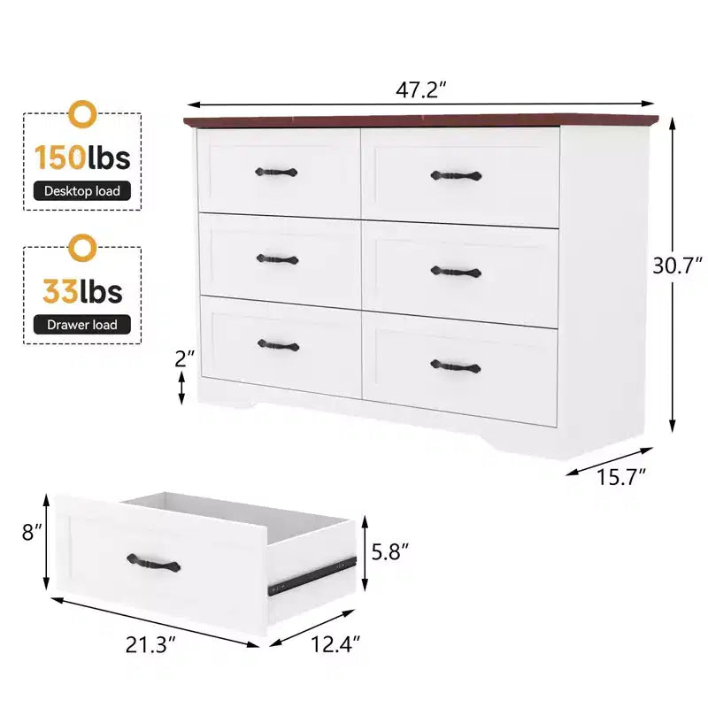 Farmhouse Wooden Chest of Drawers  Tall Dresser with Wide Metal Handles, Storage for Bedroom & Living Room