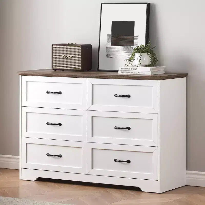 Farmhouse Wooden Chest of Drawers  Tall Dresser with Wide Metal Handles, Storage for Bedroom & Living Room