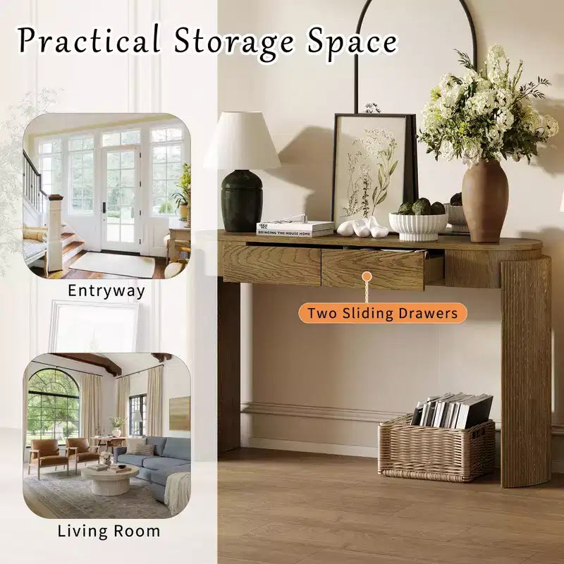 Merax Modern Oval-Top Console Table with Fluted Curved Legs & Dual Hidden Drawers