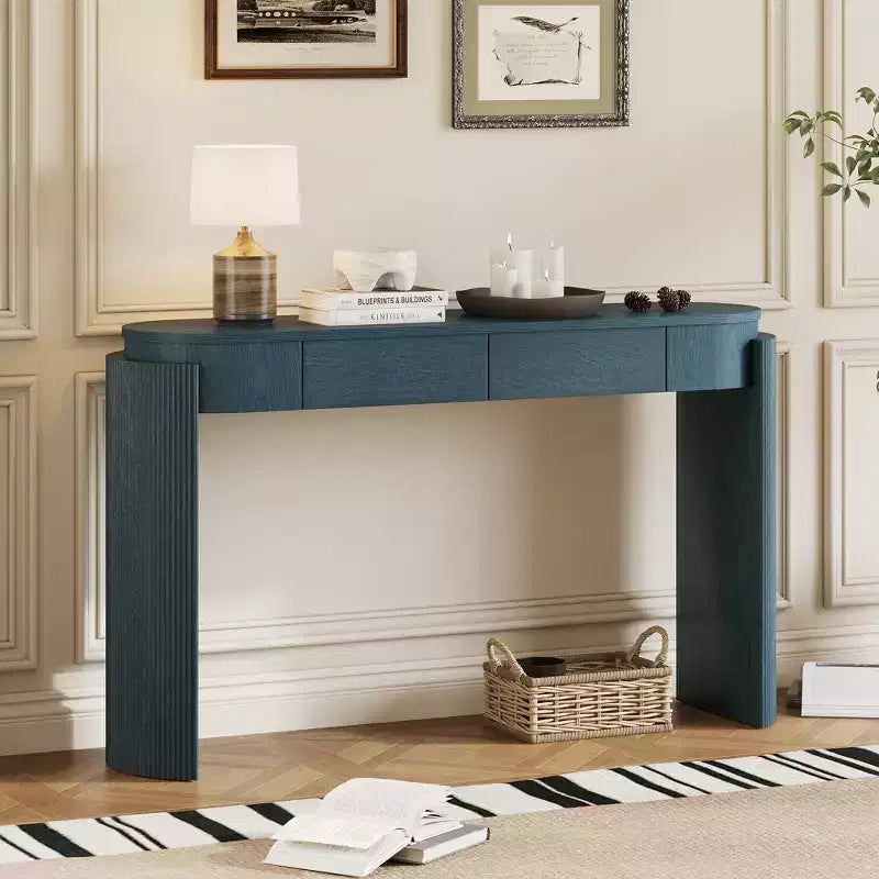 Merax Modern Oval-Top Console Table with Fluted Curved Legs & Dual Hidden Drawers