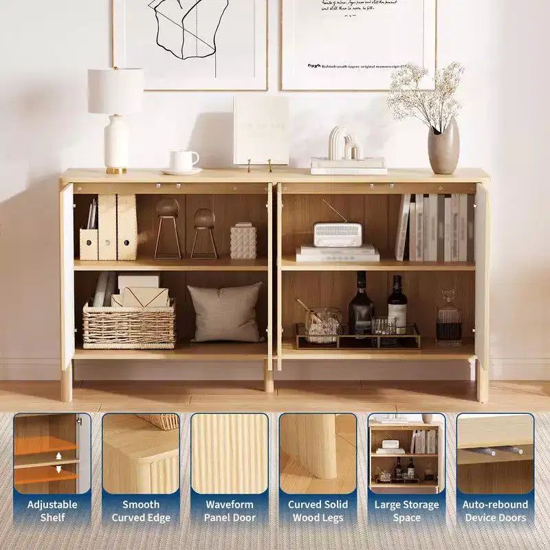 58 Modern Sideboard Buffet Cabinet with Fluted 4 Doors and Adjustable Shelves, Credenza Coffee Bar TV Console Cabibet