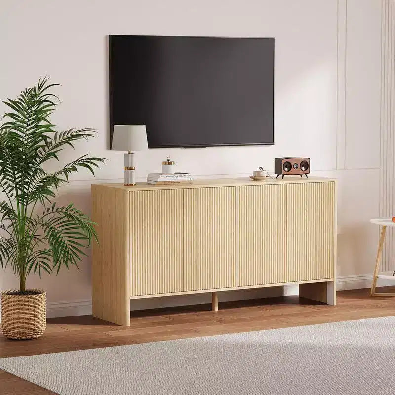58 Modern Sideboard Buffet Cabinet with Fluted 4 Doors and Adjustable Shelves, Credenza Coffee Bar TV Console Cabibet