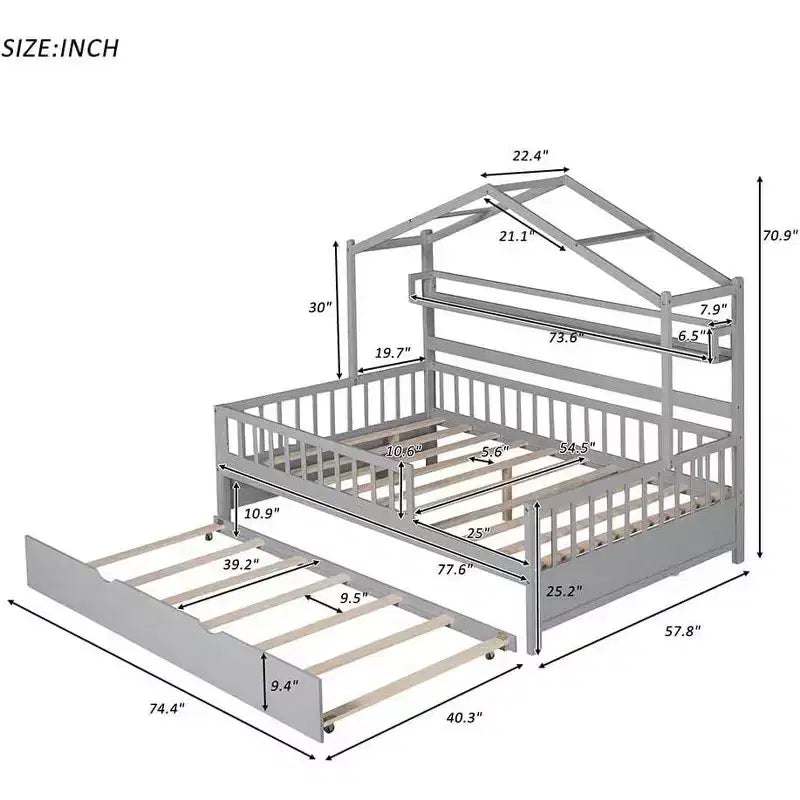 Acekool Full Size House Bed Frame for Kids with Storage Drawers, Safety Rails, Roof Design, Playhouse Bed, White