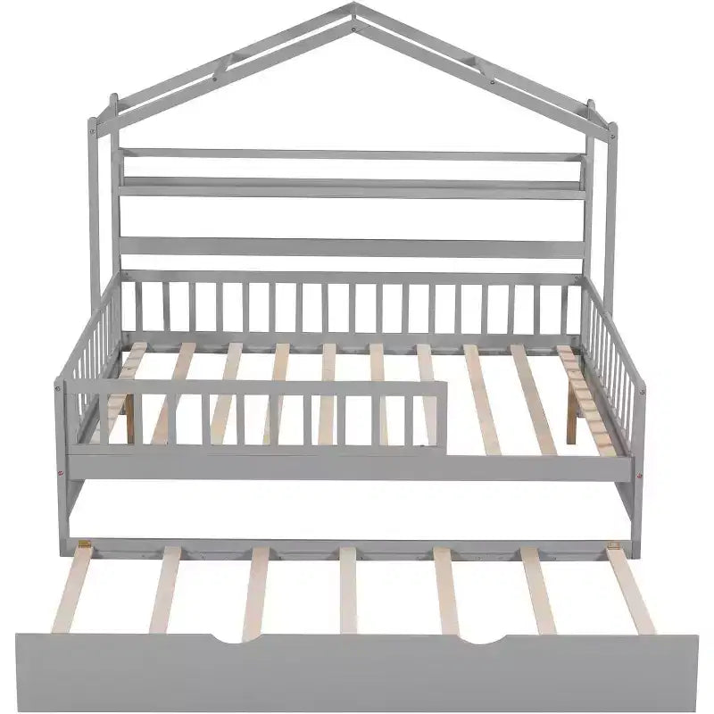 Acekool Full Size House Bed Frame for Kids with Storage Drawers, Safety Rails, Roof Design, Playhouse Bed, White