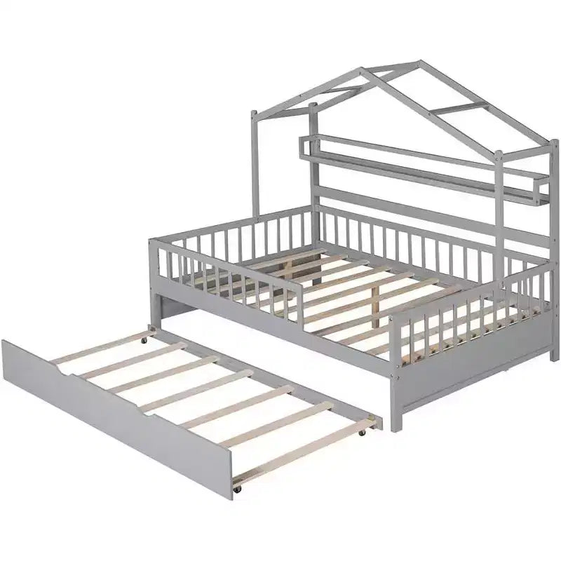 Acekool Full Size House Bed Frame for Kids with Storage Drawers, Safety Rails, Roof Design, Playhouse Bed, White