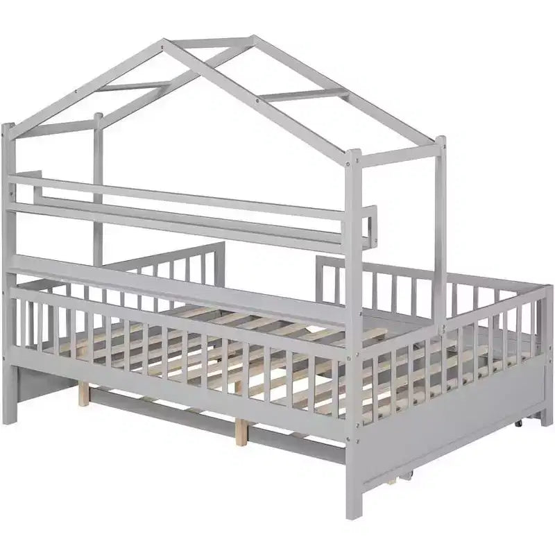 Acekool Full Size House Bed Frame for Kids with Storage Drawers, Safety Rails, Roof Design, Playhouse Bed, White