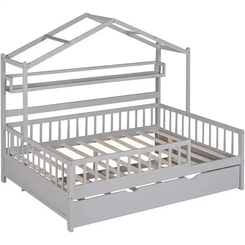 Acekool Full Size House Bed Frame for Kids with Storage Drawers, Safety Rails, Roof Design, Playhouse Bed, White