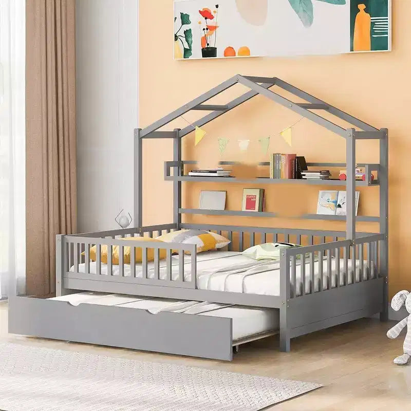 Acekool Full Size House Bed Frame for Kids with Storage Drawers, Safety Rails, Roof Design, Playhouse Bed, White