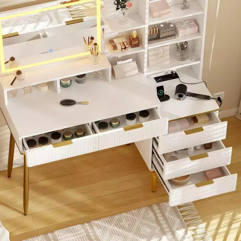 GustoWave Fluted Vanity Desk with Mirror and Lights, Makeup Vanity Desk with 5 Drawers,3 Color Adjustable Lighting, Power Outlet, Dressing Table