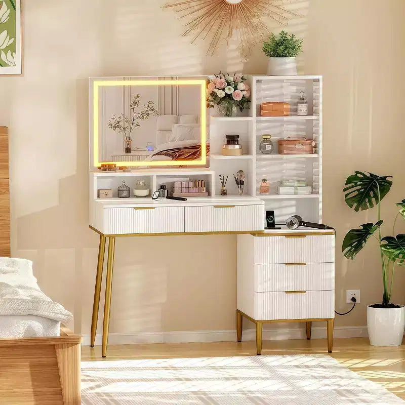 GustoWave Fluted Vanity Desk with Mirror and Lights, Makeup Vanity Desk with 5 Drawers,3 Color Adjustable Lighting, Power Outlet, Dressing Table