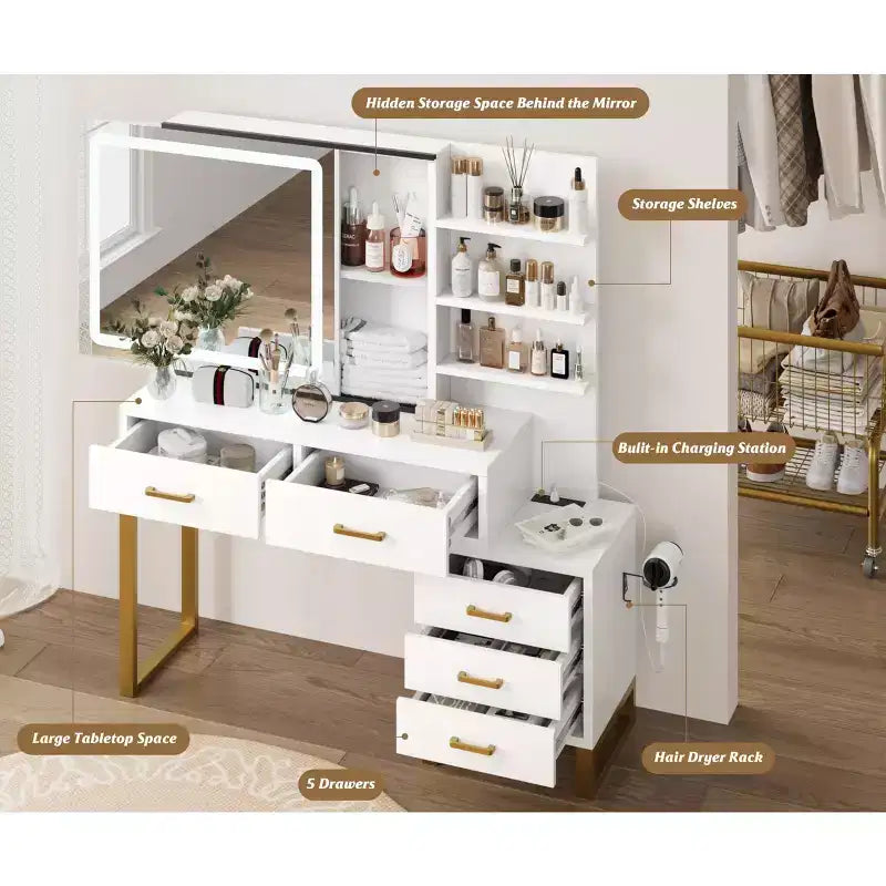 GustoWave Vanity Desk with Mirror, Makeup Vanity Desk Charging Station,LED Light with 3 Lighting Modes, 5 Large Drawers and 3 Tiers of Open Shelves