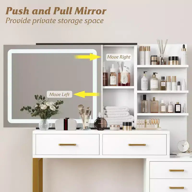 GustoWave Vanity Desk with Mirror, Makeup Vanity Desk Charging Station,LED Light with 3 Lighting Modes, 5 Large Drawers and 3 Tiers of Open Shelves