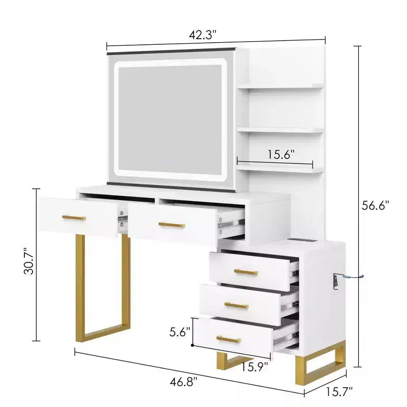 GustoWave Vanity Desk with Mirror, Makeup Vanity Desk Charging Station,LED Light with 3 Lighting Modes, 5 Large Drawers and 3 Tiers of Open Shelves