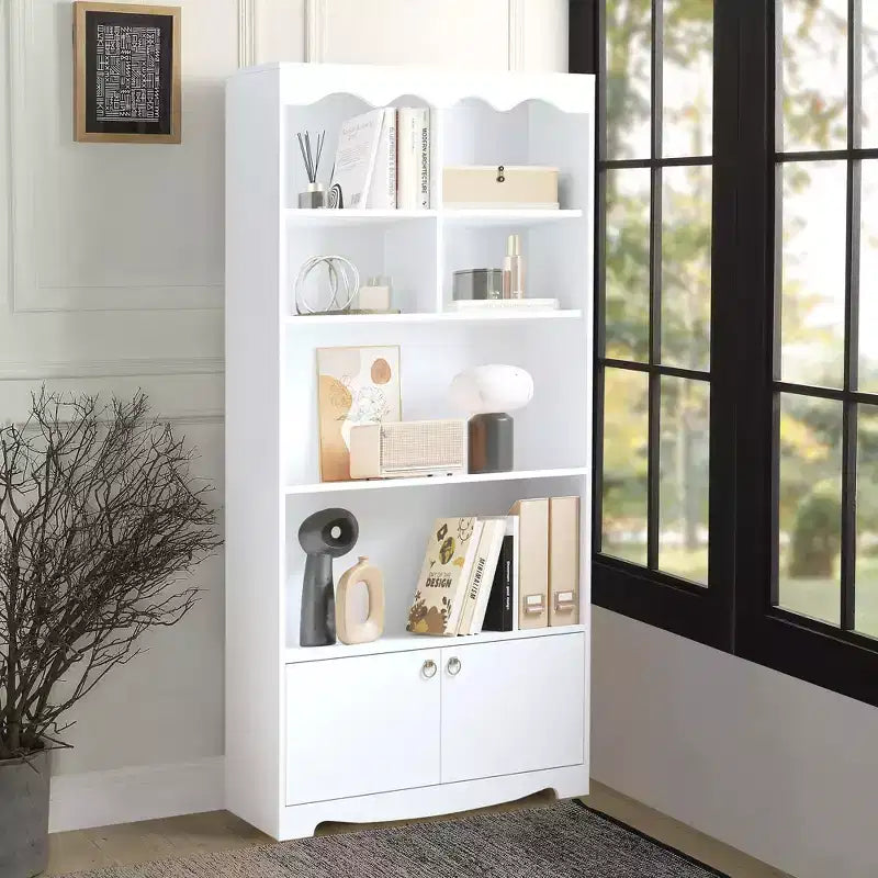 5 Tier Bookcase with Cabinet, 63 Tall Freestanding Bookshelf, Modern Free Standing Wood Bookcase, Open Display Storage Book Shelf, White