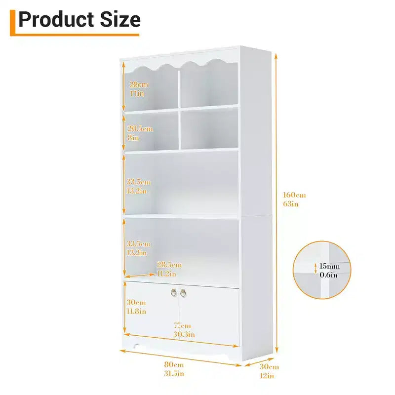 5 Tier Bookcase with Cabinet, 63 Tall Freestanding Bookshelf, Modern Free Standing Wood Bookcase, Open Display Storage Book Shelf, White