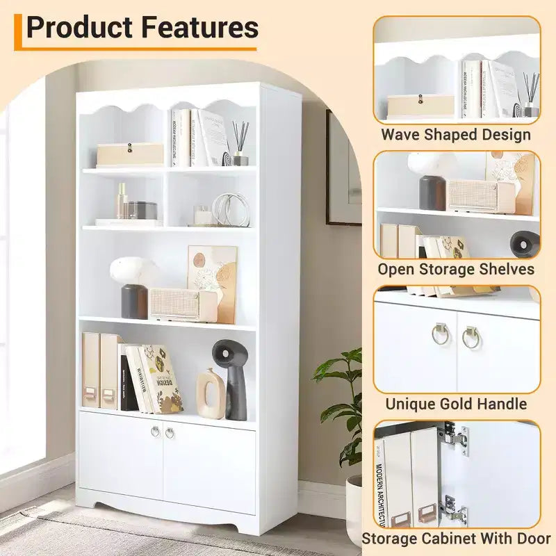 5 Tier Bookcase with Cabinet, 63 Tall Freestanding Bookshelf, Modern Free Standing Wood Bookcase, Open Display Storage Book Shelf, White