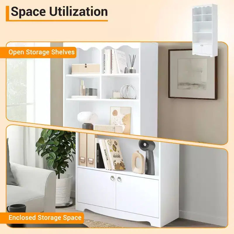 5 Tier Bookcase with Cabinet, 63 Tall Freestanding Bookshelf, Modern Free Standing Wood Bookcase, Open Display Storage Book Shelf, White