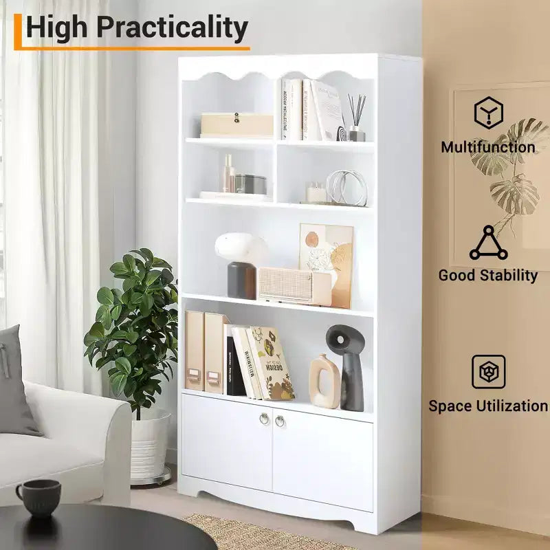 5 Tier Bookcase with Cabinet, 63 Tall Freestanding Bookshelf, Modern Free Standing Wood Bookcase, Open Display Storage Book Shelf, White