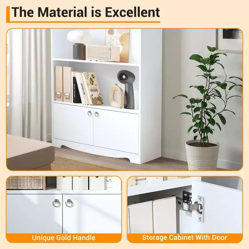 5 Tier Bookcase with Cabinet, 63 Tall Freestanding Bookshelf, Modern Free Standing Wood Bookcase, Open Display Storage Book Shelf, White