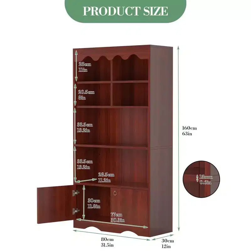 5 Tier Bookcase with Cabinet, 63 Tall Freestanding Bookshelf, Modern Free Standing Wood Bookcase, Open Display Storage Book Shelf, White