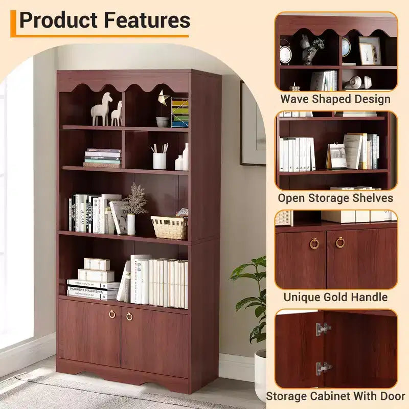 5 Tier Bookcase with Cabinet, 63 Tall Freestanding Bookshelf, Modern Free Standing Wood Bookcase, Open Display Storage Book Shelf, White